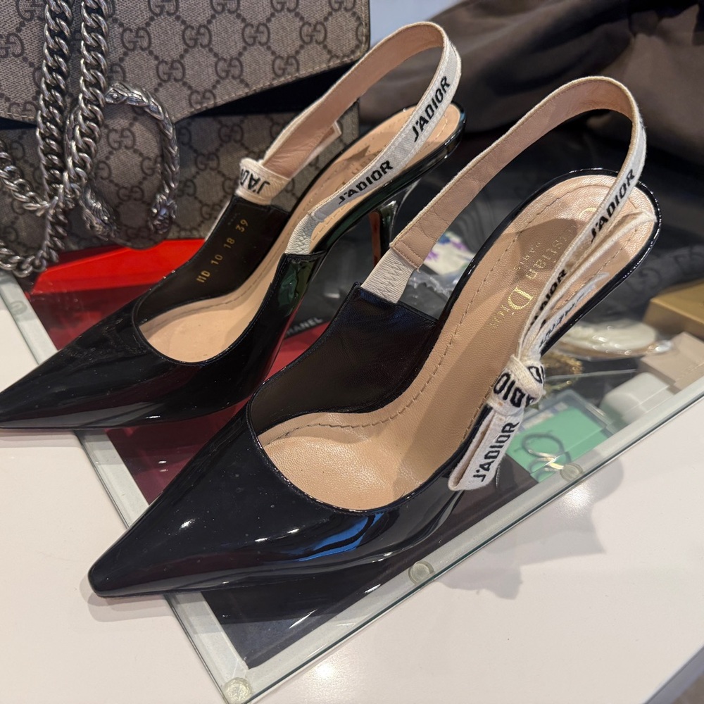Dior Glossy Black Slingback Heels